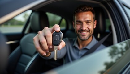 A man is holding a car key and smiling