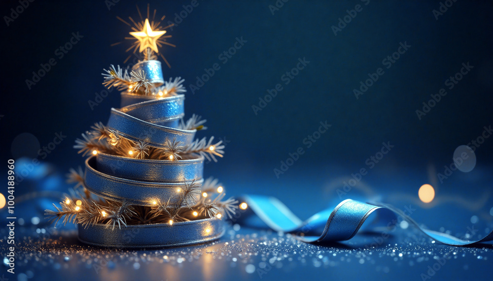 Blue ribbon forming a christmas tree with lights and sparkling ...
