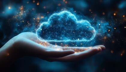 Representation of digital transformation with a person s hand holding a virtual cloud, emphasizing the acceleration of cloud adoption for business efficiency