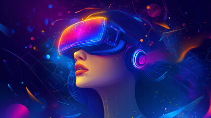 Poster - Girl in hi-tech VR glasses with elements of artificial intelligence. Background in a high-tech style. Shining lines and patterns resembling neural networks, connections, and digital circuits.