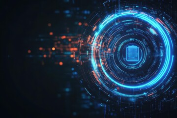 Poster - Circular abstract lock with spinning elements, holographic data streams, dark background, glowing blue neon, futuristic cyber security, 3D style