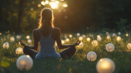Poster - A person sits cross-legged in a peaceful outdoor area, practicing meditation as the sun sets. Surrounding them are softly glowing orbs that enhance the tranquil atmosphere, promoting mindfulness.
