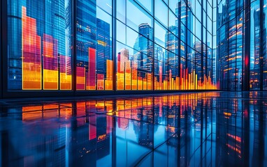 Leinwandbilder - Stock market bar chart in front of a sleek city business center, symbolizing finance and trading in a modern investment context