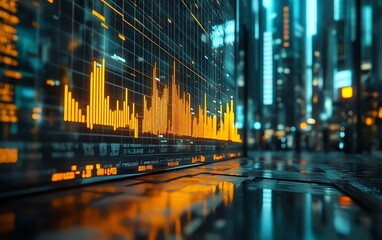 Leinwandbilder - Stock market bar chart in front of a sleek city business center, symbolizing finance and trading in a modern investment context