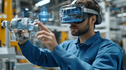 Poster - a technician using virtual reality equipment to interact with digital models in a modern manufacturi