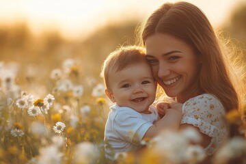 Happy Mom and baby son in summer nature, Generative AI