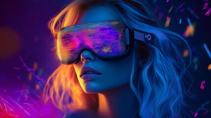Poster - Girl in hi-tech VR glasses with elements of artificial intelligence. Background in a high-tech style. Shining lines and patterns resembling neural networks, connections, and digital circuits.