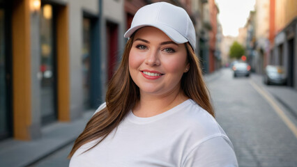 Plus size woman wearing white t-shirt and white baseball cap standing on the street