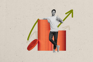 Aufkleber - Composite trend artwork sketch image photo collage of money bitcoin arrow graphics rich success young happy man thumb up gesture coins usd