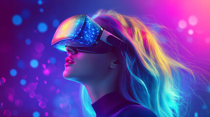 Girl in hi-tech VR glasses with elements of artificial intelligence. Background in a high-tech style. Shining lines and patterns resembling neural networks, connections, and digital circuits.