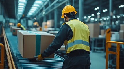 Poster - warehouse worker moving packages on conveyor belt during busy shipping hours at a distribution cente