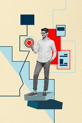 Poster - Composite trend artwork sketch image collage of cyberspace webpage interface icon young guy businessman stand finger gesture touch remote