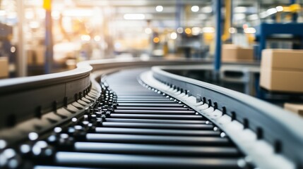 Poster - curved conveyor belt transporting packages in an automated warehouse during daylight hours