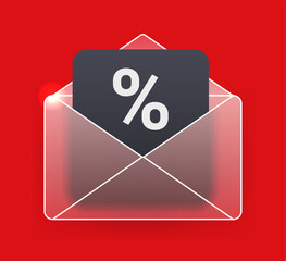 Glass morphism open envelope with offer coupon on red background