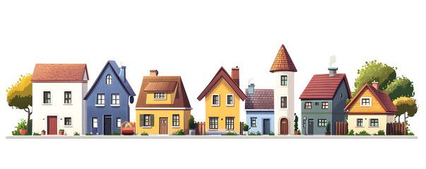 Sticker - Cartoon small town houses, minimalism city buildings. Isolated on a white background. vector simple illustratio