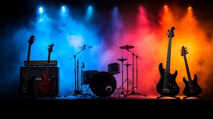 Silhouetted music instruments on a festival stage, vibrant colors in the background, highlighting the energy of a rock concert, with plenty of room for text