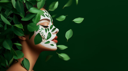 A woman with green leaves painted on her face surrounded by greenery against a dark green background.