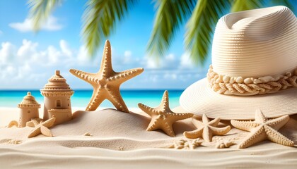 Wall Mural - Stylish summer accessories featuring a hat, shells, and starfish arranged in beach sand, captured in a flat lay composition