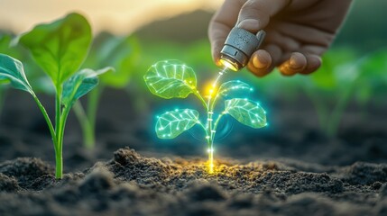 Canvas Print - Close-up of futuristic crop sensors analyzing soil moisture levels