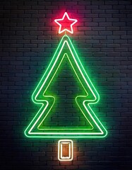 Wall Mural - neon chirsmas tree symbol on brick wall 