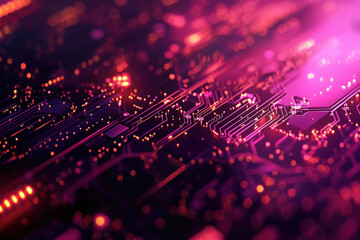 Poster - A mesmerizing glimpse into the intricate world of circuit boards illuminated by vibrant hues of purple and orange at night. Generative AI