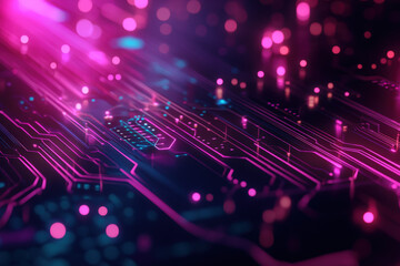 Poster - Vibrant digital circuit board illuminated with pink and blue lights creates a mesmerizing space for technology exploration. Generative AI