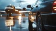 © Galib - A black limousine parked in front of a private jet at an airport.
