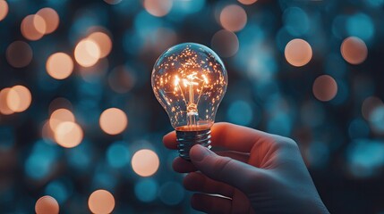 Fototapete - A glowing light bulb held by a hand, symbolizing fresh ideas, inspiration, and innovation in sustainable business development.