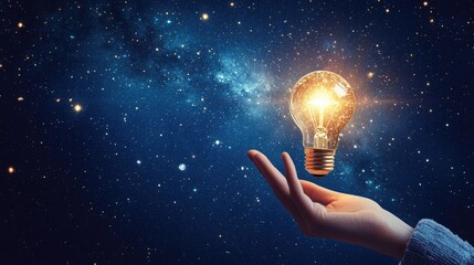 Fototapete - A glowing light bulb held by a hand, symbolizing fresh ideas, inspiration, and innovation in sustainable business development.