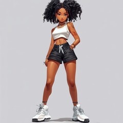 A youth girl with black race in anime cartoon image. The  designs are dynamic and eye-catching.  The anime style brings a sense of fun and creativity. It's a combination of art and commerce.