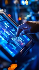 Poster - a close-up of a hand interacting with a futuristic touchscreen display in a dimly lit environment du