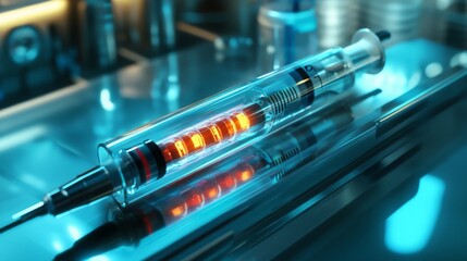 Poster - A clear syringe with an orange glow inside is lying on a smooth, reflective, blue surface.