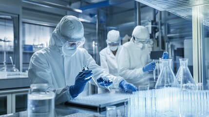 Poster - scientists conduct experiments in a modern laboratory using glassware and precise techniques during 