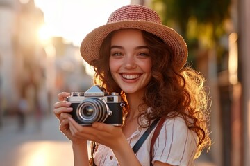 Smiling young woman with curly hair in a hat holding a vintage camera. Sunlight and blurred urban background.