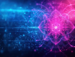 Poster - Intricate digital mandala, glowing lines, soft gradients of blue and pink, symmetrical patterns, hightech feel, detailed textures, neon accents, ultradetailed