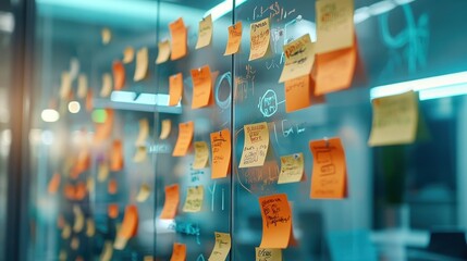 Business consulting team brainstorming with sticky notes on a glass wall