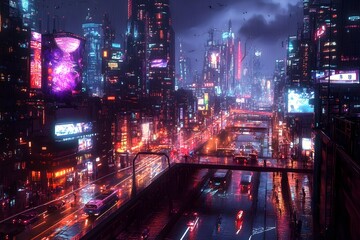Poster - A bustling metropolis of the future featuring autonomous transport systems holographic interfaces and citizens seamlessly interacting with assistants  A harmonious symbiosis of humanity and machines