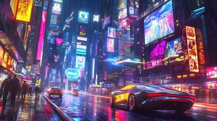 Poster - A bright futuristic road leading towards the year 2025 filled with gleaming hover cars holographic billboards and advanced robotics in a style