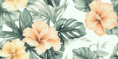 Wall Mural - A vibrant floral pattern featuring hibiscus flowers and tropical leaves.