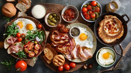 Delectable Breakfast Spread with Assortment of Freshly Prepared Gourmet Dishes on Rustic Wooden Table