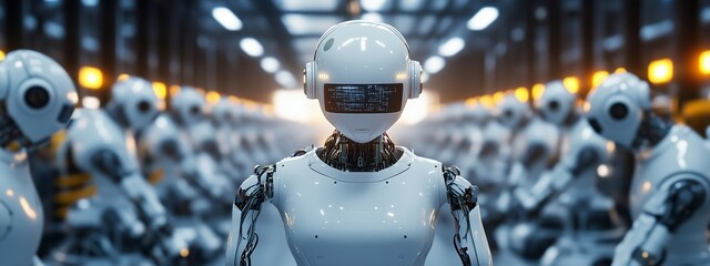 Aufkleber - Advanced humanoid robots in a futuristic manufacturing facility, showcasing cutting-edge technology and automation