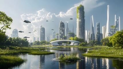 Poster - A serene and futuristic cityscape with sleek skyscrapers and hovering vehicles showcasing a vibrant blend of advanced sustainable architecture and a seamless of nature and technology
