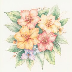 Wall Mural - A vibrant illustration of hibiscus flowers surrounded by lush green leaves.