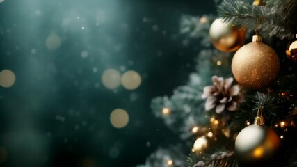 Poster - Christmas tree decorated with golden ornaments, sparkling lights, and a touch of snow, creating a magical and festive atmosphere