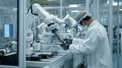 Poster - a technician operates robotic arms in a modern manufacturing facility during the daytime, focusing o