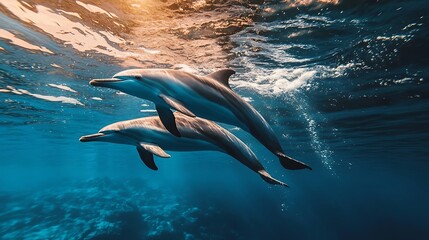 Pair of dolphins gracefully navigating through azure ocean waters