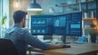 © Nathan - A focused Caucasian male data analyst monitors multiple screens in a modern office, analyzing complex data visualizations.