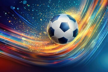 Dynamic soccer ball in motion with vibrant trails of color, perfect for sports-themed designs and promotional materials.