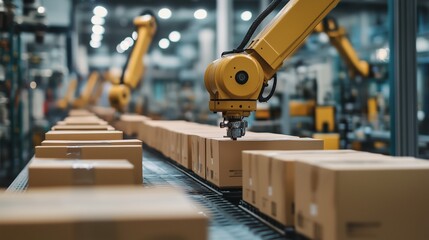 Poster - automated robotic arms handling packages on a conveyor belt in a modern warehouse during daytime ope