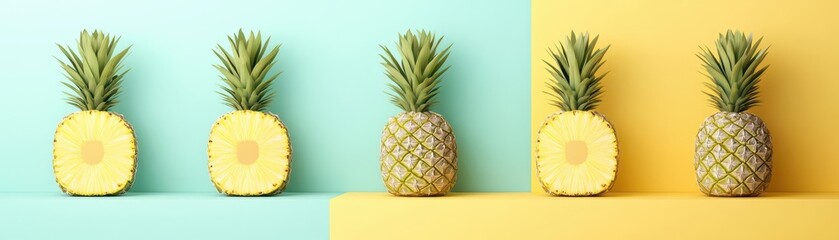 Poster - Pineapple slices with geometric design, colorful background, 3D illustration